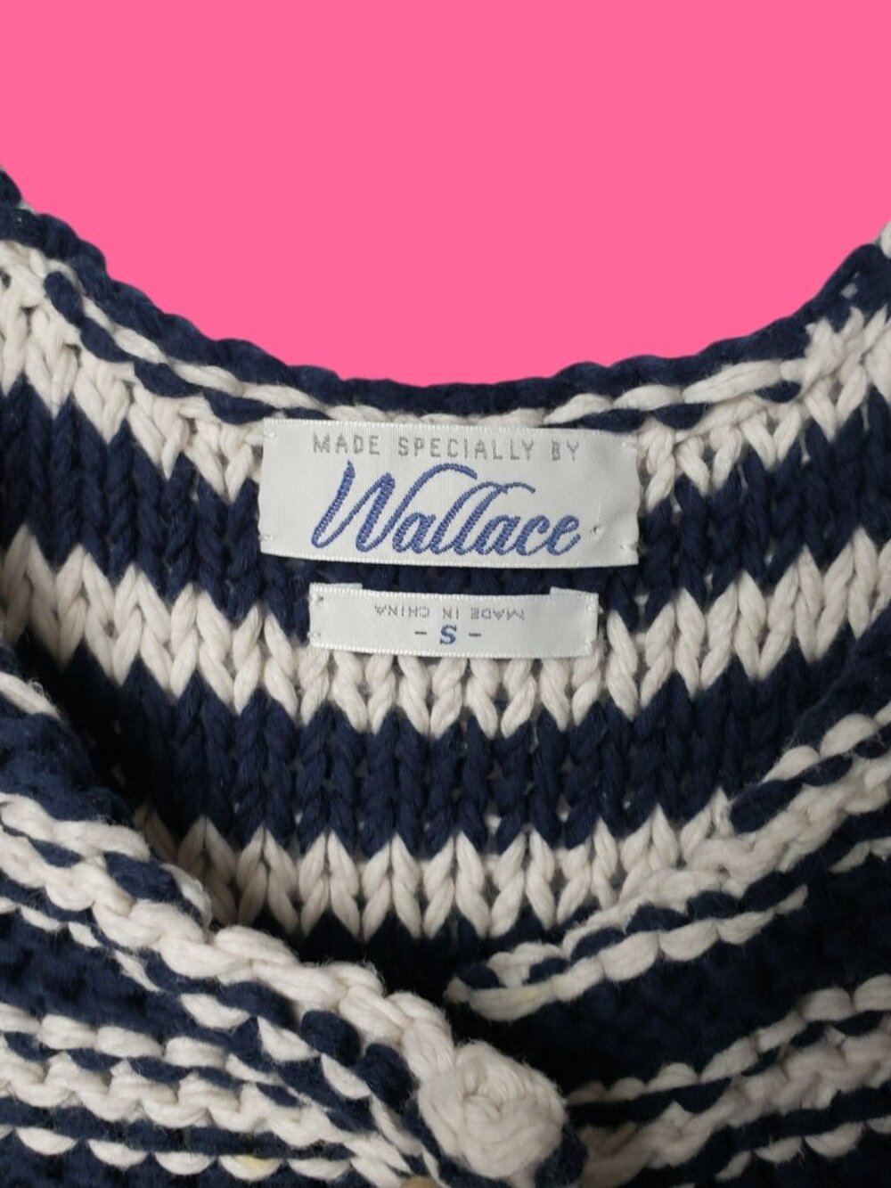 Wallace Vtg Womens Striped Crochet Knit Button Vest Navy & Beige Small - Picture 3 of 8